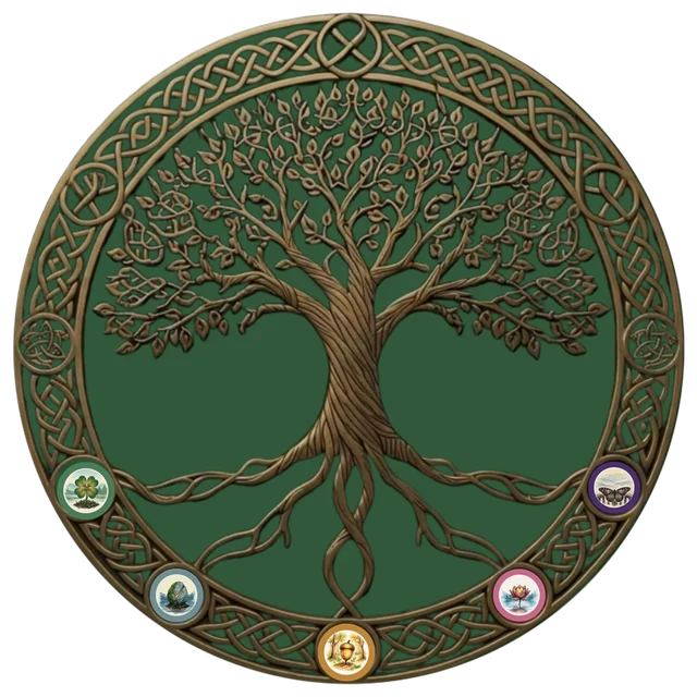 The BeyondGroundwork seal: a gold Celtic tree of life inside a braided knotwork ring, with the five Marks inset around the lower arc.