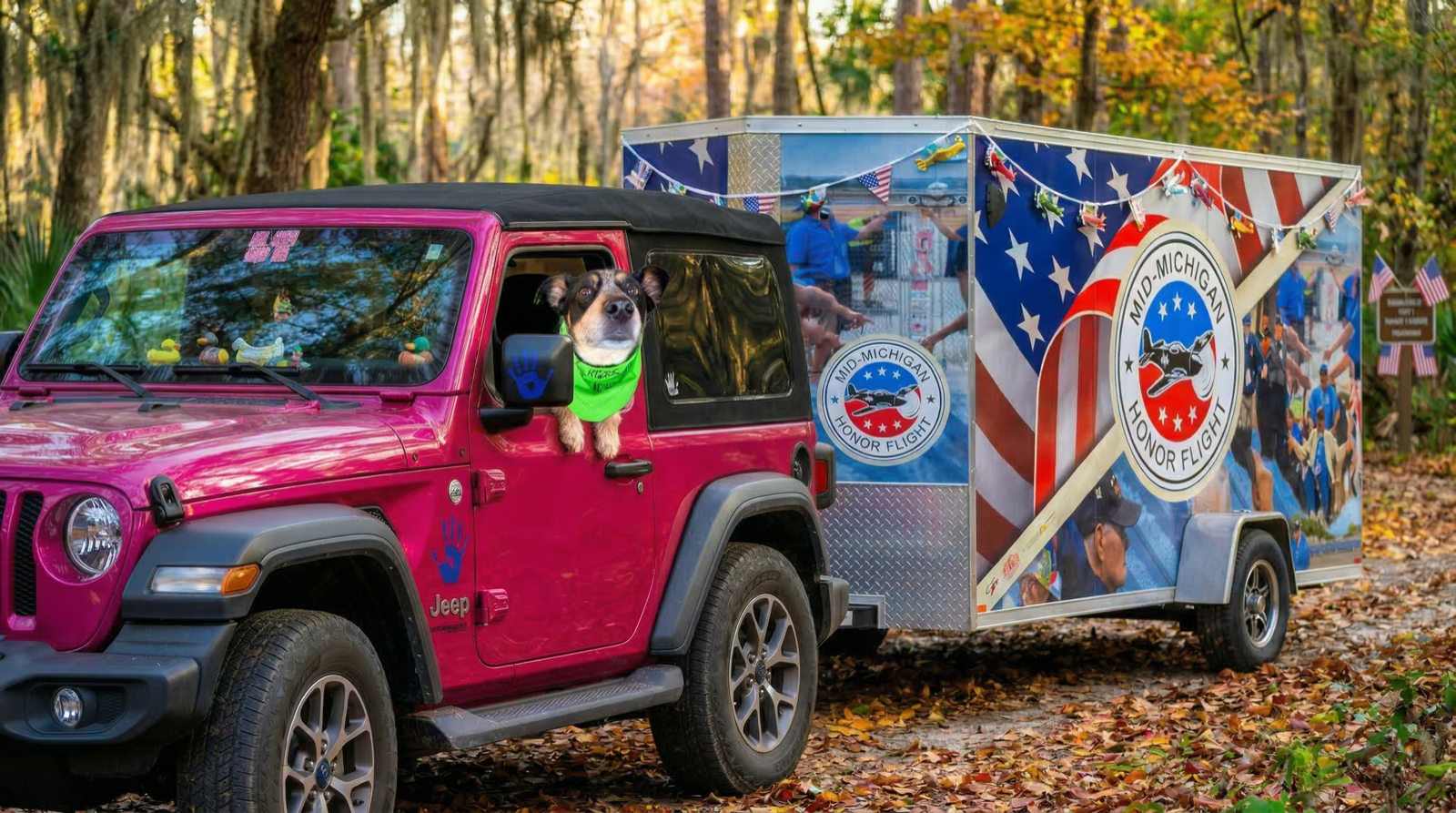 Daisy and the Mid-Michigan Honor Flight trailer on the road to GSMJI 2026